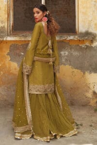 a woman in a green gharara pakistani